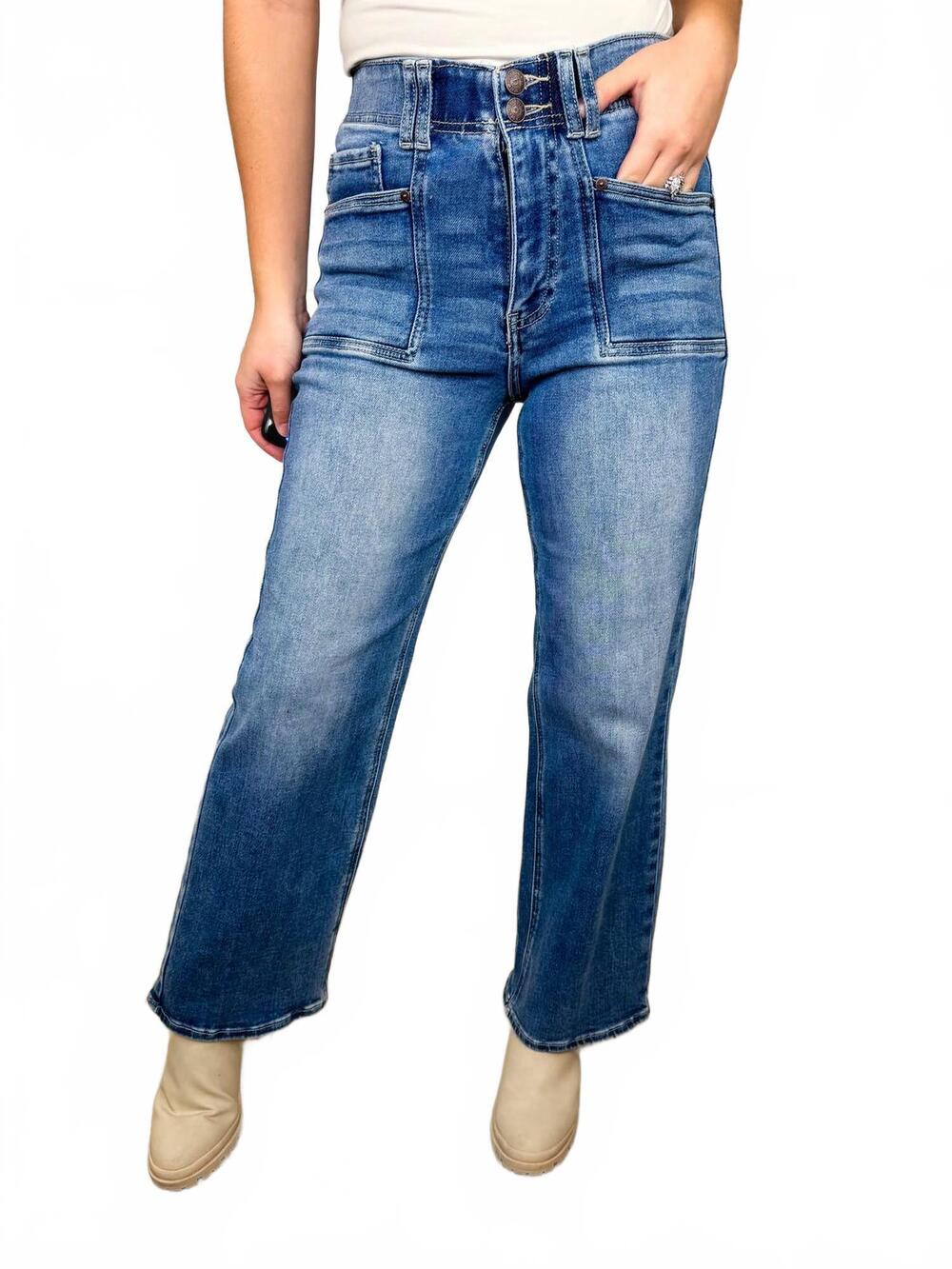NEW SAIGE DENIM sutton tummy control high-rise double button straight leg jeans